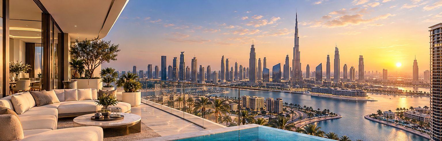 Terrasse avec piscine face à la skyline de Dubaï au coucher du soleil